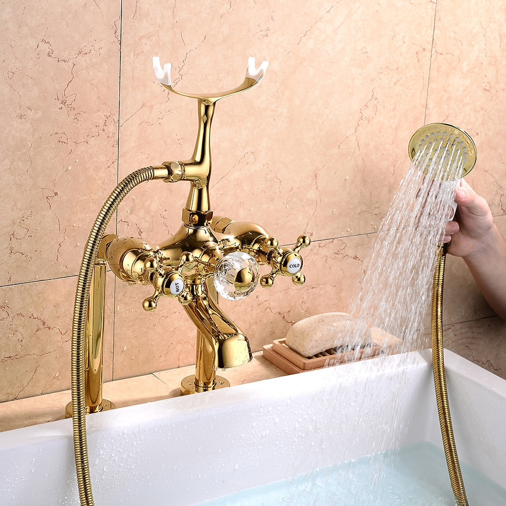 Traditional Roman Tub Faucet with Handheld Shower, 3-Handle Deck-Mount Tub Filler, Chrome / Polished Gold