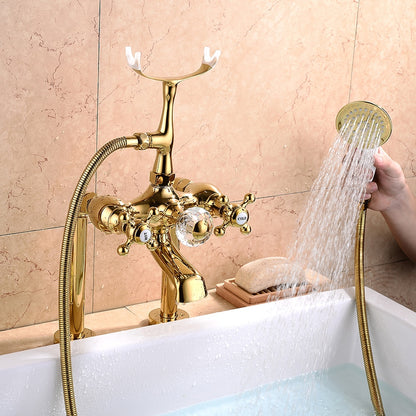 Traditional Roman Tub Faucet with Handheld Shower, 3-Handle Deck-Mount Tub Filler, Chrome / Polished Gold