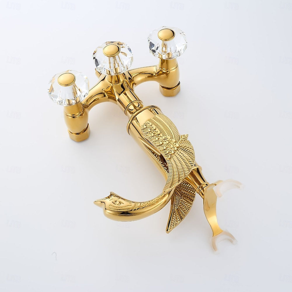 Polished Gold Swan Wall-Mount Bathtub Faucet, Vintage Dual-Handle Brass Tub Mixer with Handheld Shower