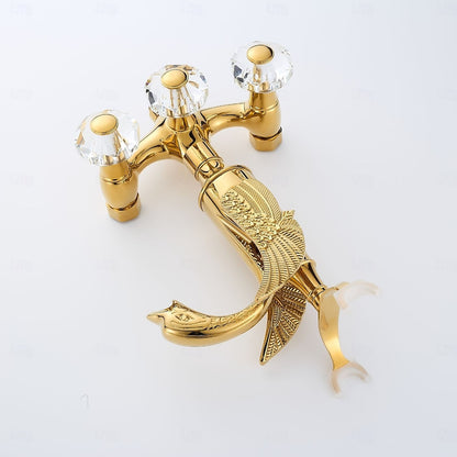 Polished Gold Swan Wall-Mount Bathtub Faucet, Vintage Dual-Handle Brass Tub Mixer with Handheld Shower