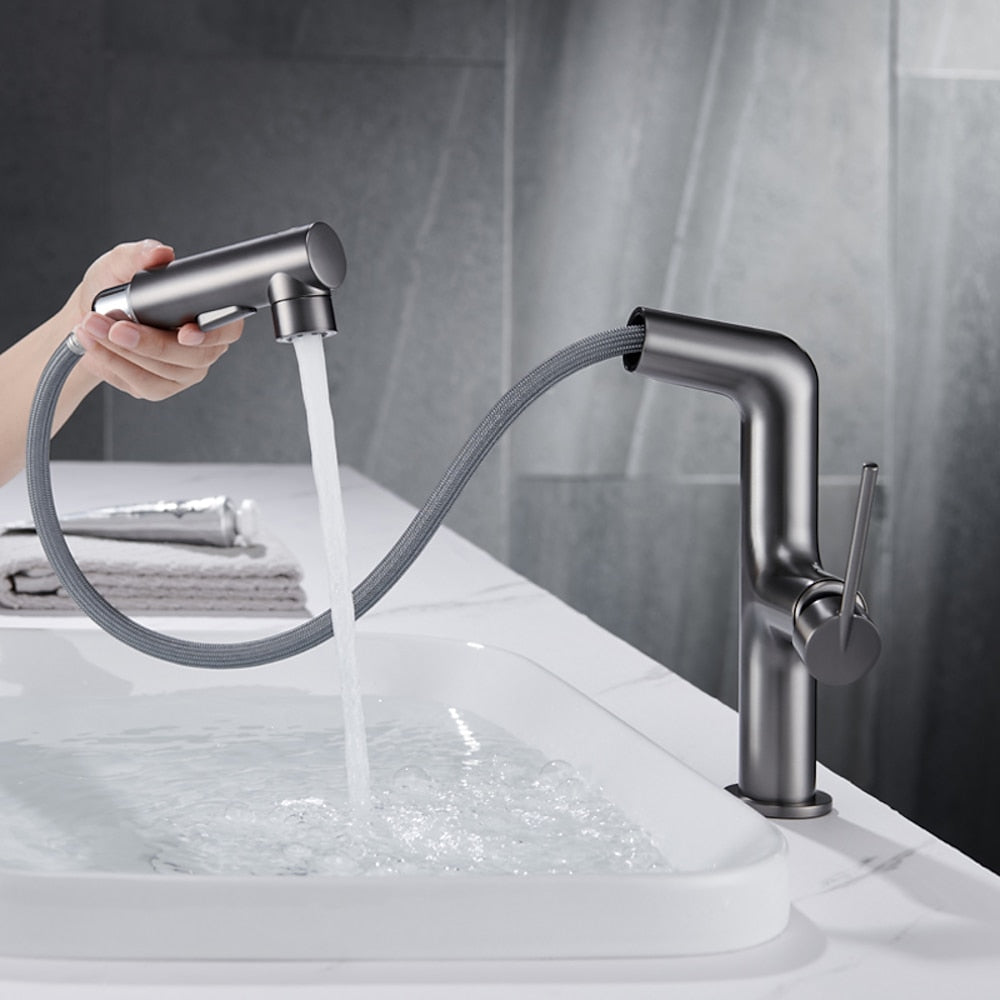 Pull-Out Spray Bathroom Faucet, Modern Single-Hole Single-Handle Brass Faucet, Gunmetal / Matte Black / Brushed Gold / Matte White / Chrome