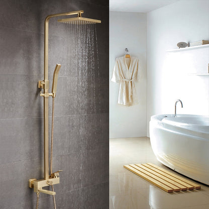 Brushed Gold Modern Wall-Mounted Tub Shower System, Swivel Spout Rainfall Shower Faucet with Handheld Shower