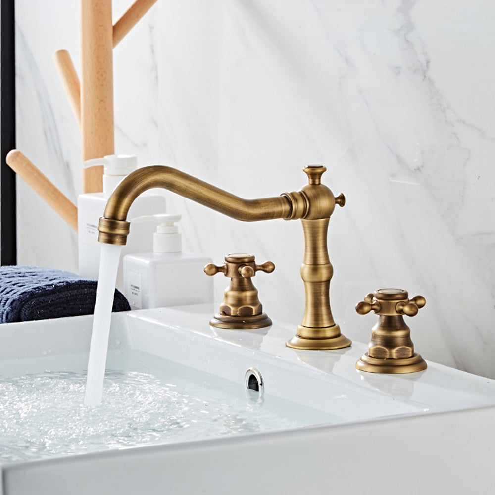 Traditional Antique Brass Widespread Bathroom Faucet, Dual Cross Handle Sink Faucet