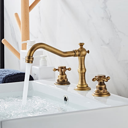 Traditional Antique Brass Widespread Bathroom Faucet, Dual Cross Handle Sink Faucet