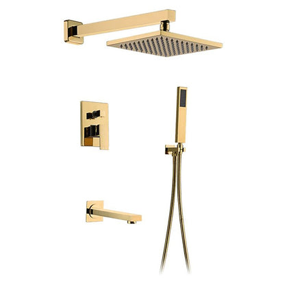 Brushed Gold Wall-Mounted Rainfall Shower System, Modern Single-Handle Tub Shower Faucet with Handheld Shower, Tub Spout