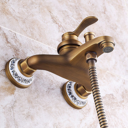 Vintage Wall-Mount Tub Faucet, Single-Handle Brass Bath Tub Faucet with Handheld Shower, Antique Brass / Matte Black / Brushed Brass / Copper