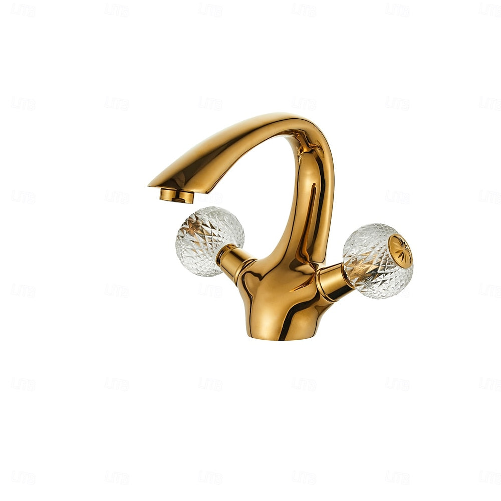 Polished Gold Single-Hole Bathroom Faucet, Dual Crystal Knob Handles Brass Faucet