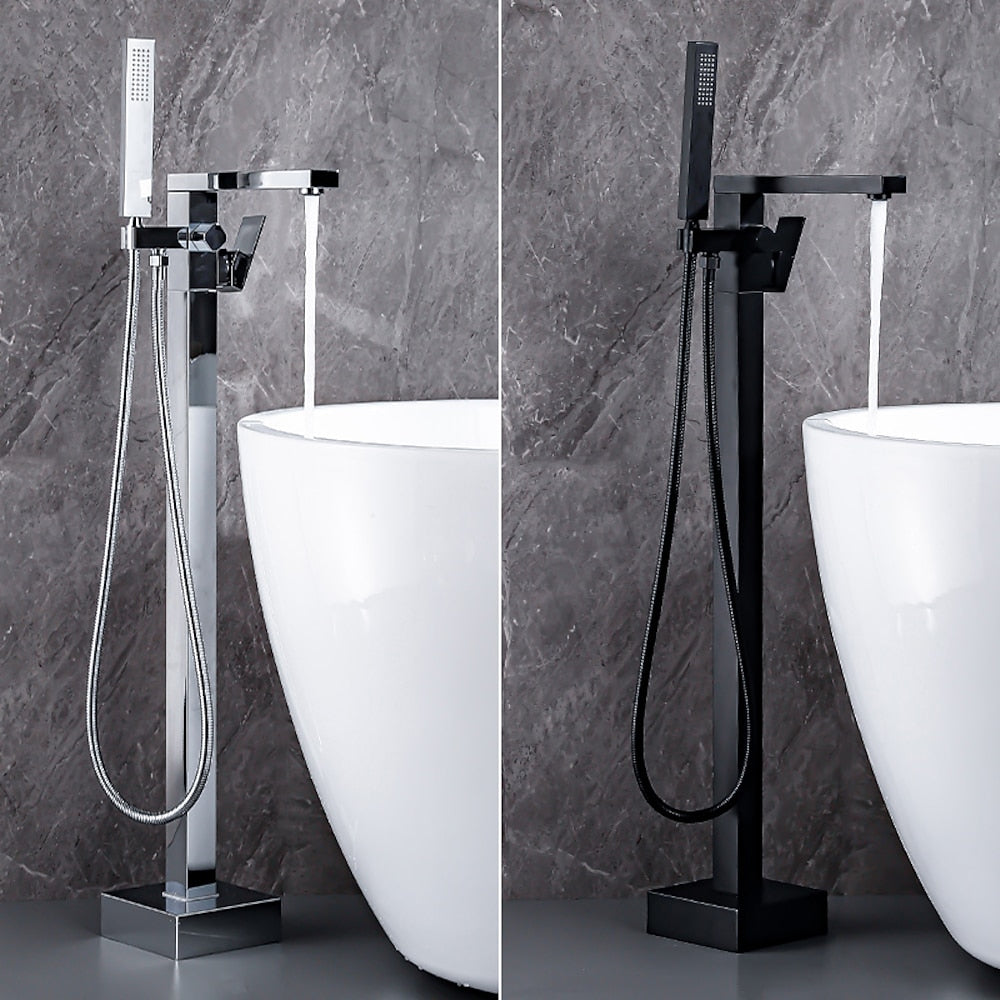 360-Degree Swivel Spout Freestanding Tub Filler Faucet, Single-Handle Floor-Mount Tub Faucet with Hand Shower, Chrome / Matte Black