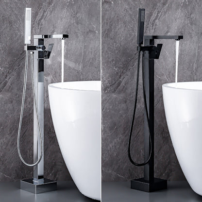 360-Degree Swivel Spout Freestanding Tub Filler Faucet, Single-Handle Floor-Mount Tub Faucet with Hand Shower, Chrome / Matte Black