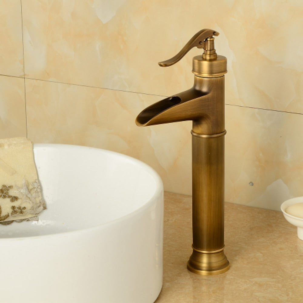 Waterfall Antique Brass Vessel Sink Faucet, Single-Handle Deck-Mounted Brass Faucet