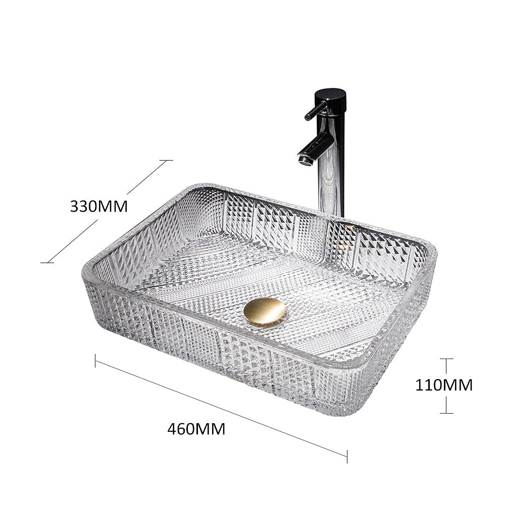 Transparent Rectangular Glass Vessel Sink, Single-Handle Chrome Faucet / Gold Pop-Up Drain Vessel Sink Set