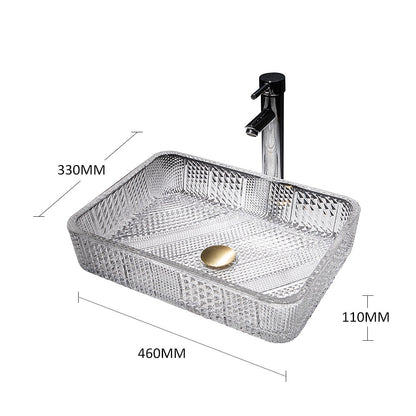Transparent Rectangular Glass Vessel Sink, Single-Handle Chrome Faucet / Gold Pop-Up Drain Vessel Sink Set