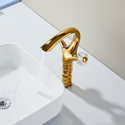 Polished Gold Single-Hole Bathroom Faucet, Dual-Handle High Arc Faucet with Crystal Knob Handles