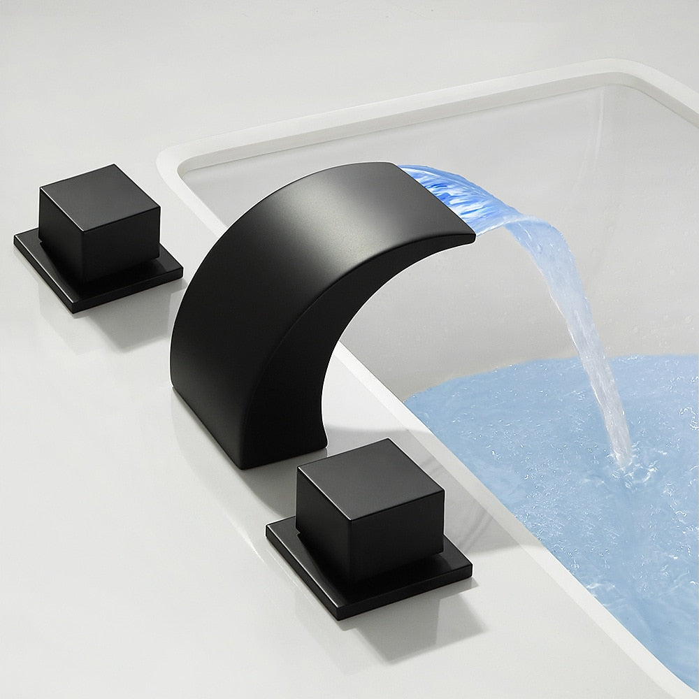 LED Waterfall Bathroom Faucet, Widespread Double-Handle Brass Faucet, Matte Black / Brushed Nickel / Chrome