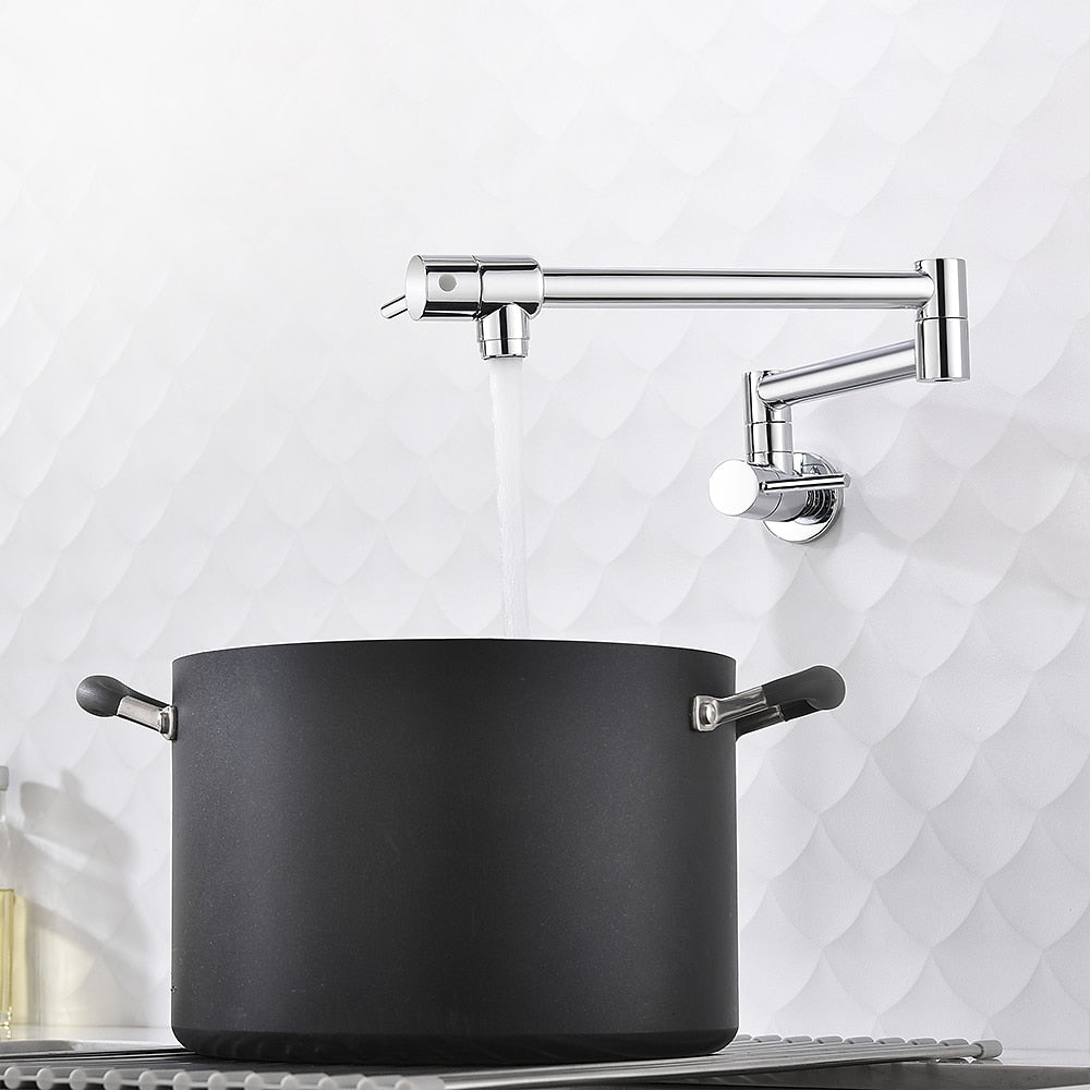Wall-Mount Folding Pot Filler Faucet, Dual-Handle Kitchen Faucet, Chrome / Matte Black / Polished Gold / Brushed Gold