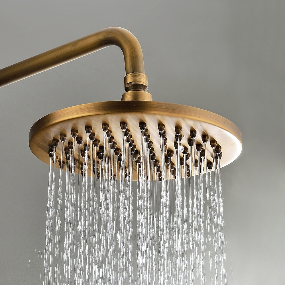 Traditional Antique Brass Wall-Mount Shower System, Single-Handle Exposed Pipe Faucet with 8-Inch Rainfall Shower Head, Handheld Sprayer