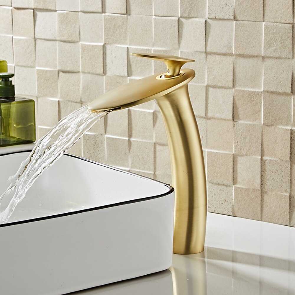 Modern Waterfall Bathroom Faucet, Single-Handle Brass Faucet, Matte Black / Chrome / Brushed Nickel / Brushed Gold / Polished Gold / Rose Gold / Oil-Rubbed Bronze / Venetian Bronze / Gunmetal / Matte White / Copper / Painted / Powder Coated