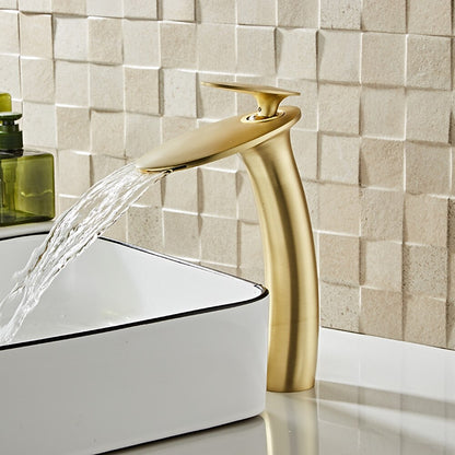 Modern Waterfall Bathroom Faucet, Single-Handle Brass Faucet, Matte Black / Chrome / Brushed Nickel / Brushed Gold / Polished Gold / Rose Gold / Oil-Rubbed Bronze / Venetian Bronze / Gunmetal / Matte White / Copper / Painted / Powder Coated