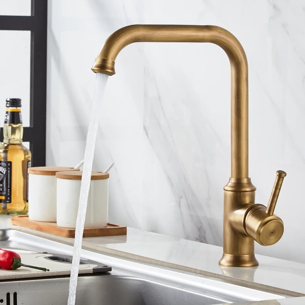 Antique Brass Retro Vintage Kitchen Faucet, Single-Hole Single-Handle Swivel Spout Faucet