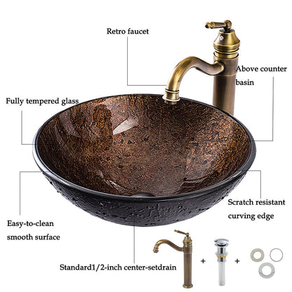 Antique Brass Round Tempered Glass Bathroom Vessel Sink, Faucet Combo, Single-Handle Faucet with Pop-Up Drain