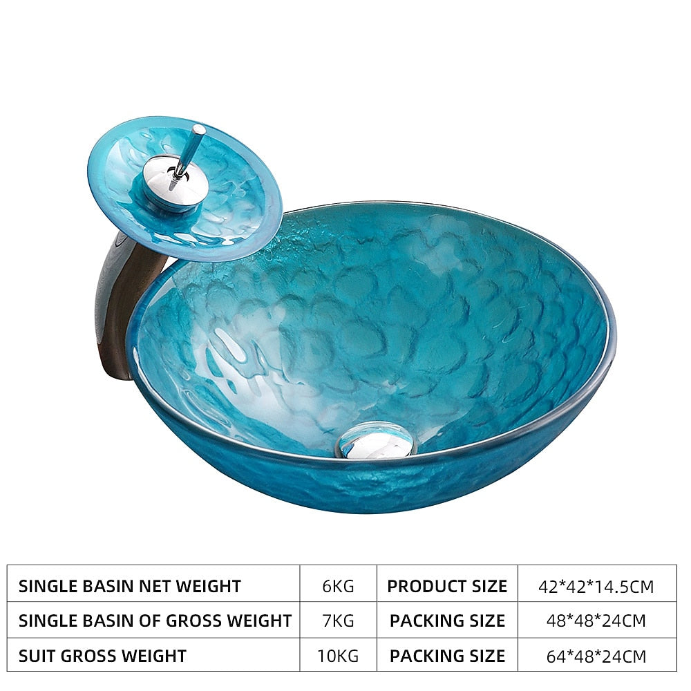 Blue Tempered Glass Vessel Sink with Chrome Waterfall Faucet, Modern Single-Hole Bathroom Vanity Basin Set with Pop-Up Drain