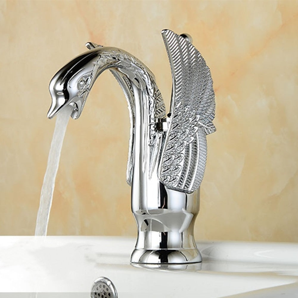 Swan Design Single-Hole Bathroom Faucet, Single-Handle Deck-Mount Brass Faucet