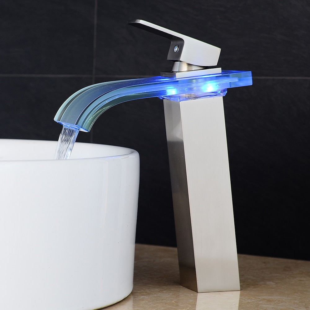 LED Glass Waterfall Bathroom Faucet, Single-Handle Single-Hole Faucet, Brushed Nickel / Brushed Gold / Matte Black / Chrome