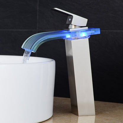 LED Glass Waterfall Bathroom Faucet, Single-Handle Single-Hole Faucet, Brushed Nickel / Brushed Gold / Matte Black / Chrome