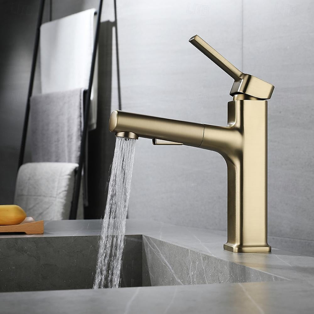 Modern Pull-Out Single-Hole Bathroom Faucet, Single-Handle Basin Faucet, Chrome / Matte Black / Brushed Gold / Gunmetal