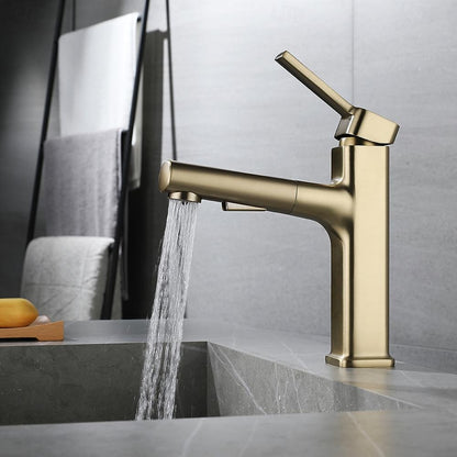 Modern Pull-Out Single-Hole Bathroom Faucet, Single-Handle Basin Faucet, Chrome / Matte Black / Brushed Gold / Gunmetal