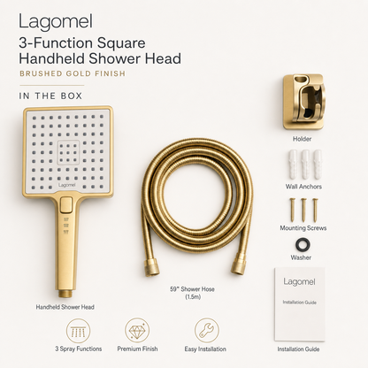 3-Function Square Handheld Shower Head, Brushed Gold