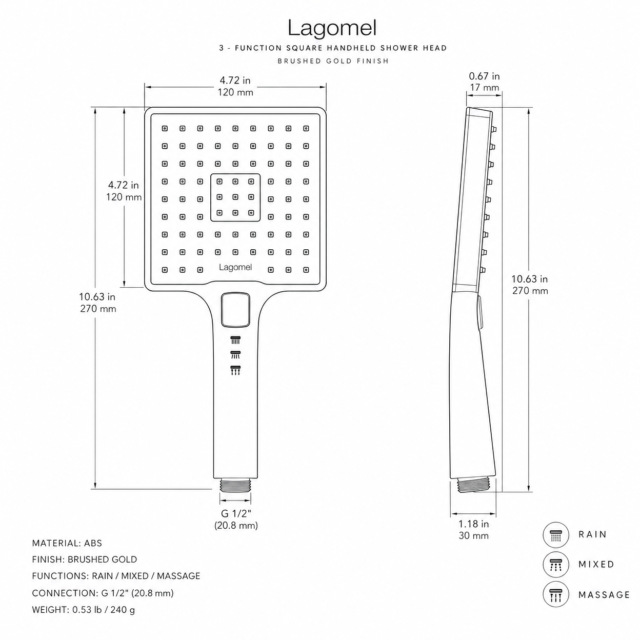 3-Function Square Handheld Shower Head, Brushed Gold