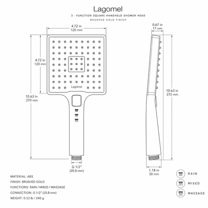 3-Function Square Handheld Shower Head, Brushed Gold