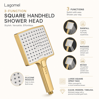 3-Function Square Handheld Shower Head, Brushed Gold