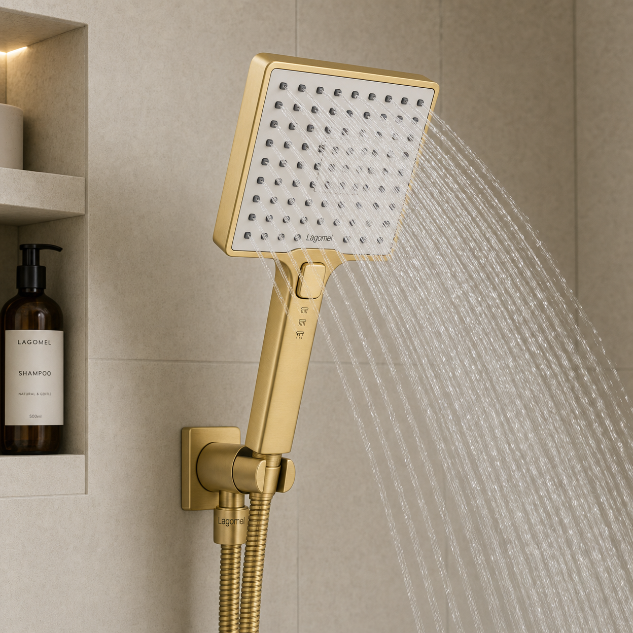 3-Function Square Handheld Shower Head, Brushed Gold