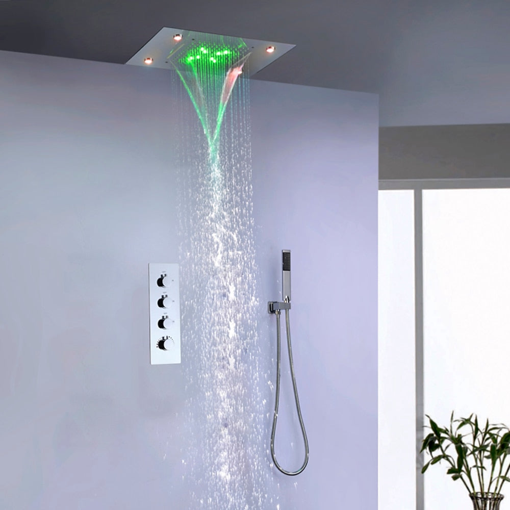 LED Waterfall Rainfall Complete Shower System, Ceiling-Mounted Chrome Shower Faucet with Handheld Shower
