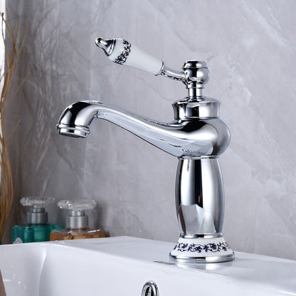 Vintage Single-Hole Bathroom Faucet, Single-Handle Brass Faucet with Ceramic Floral Base, Antique Brass / Chrome / Polished Gold / Matte Black
