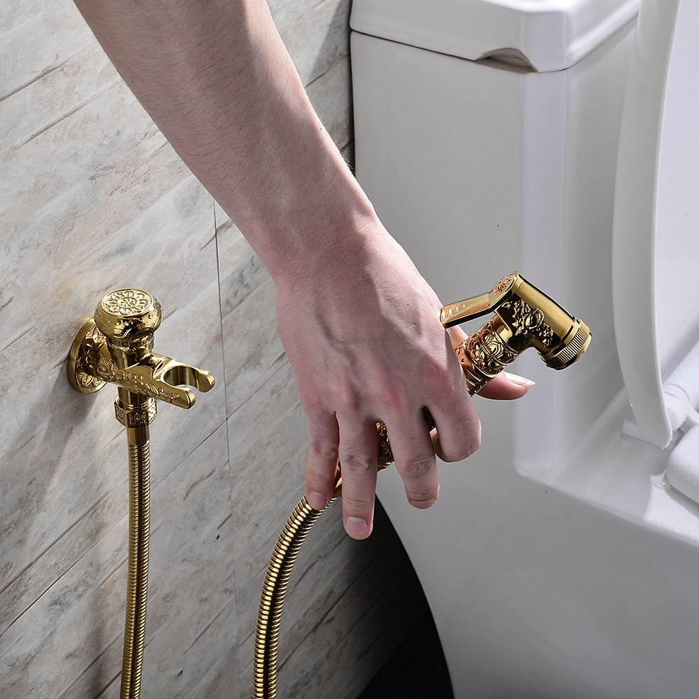Polished Gold Antique Handheld Bidet Sprayer, Vintage Brass Toilet Shattaf Set with Hose / Wall Bracket
