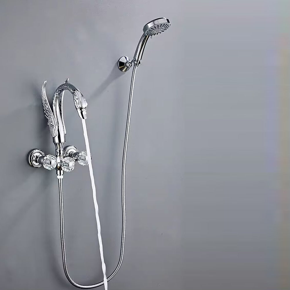 Vintage Swan-Shaped Brass Tub Filler Faucet, Wall-Mount Dual-Handle Bathtub Faucet with Handheld Shower, Antique Brass / Matte Black / Chrome / PVD