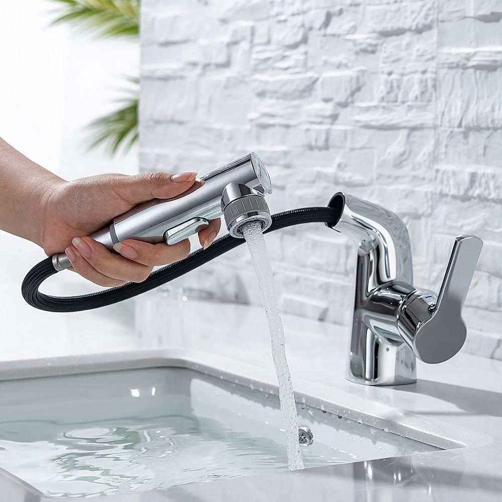Modern Pull-Out Bathroom Sink Faucet, Single-Handle Swivel Spout Faucet, Brushed Gold / Chrome / Matte Black / Gunmetal