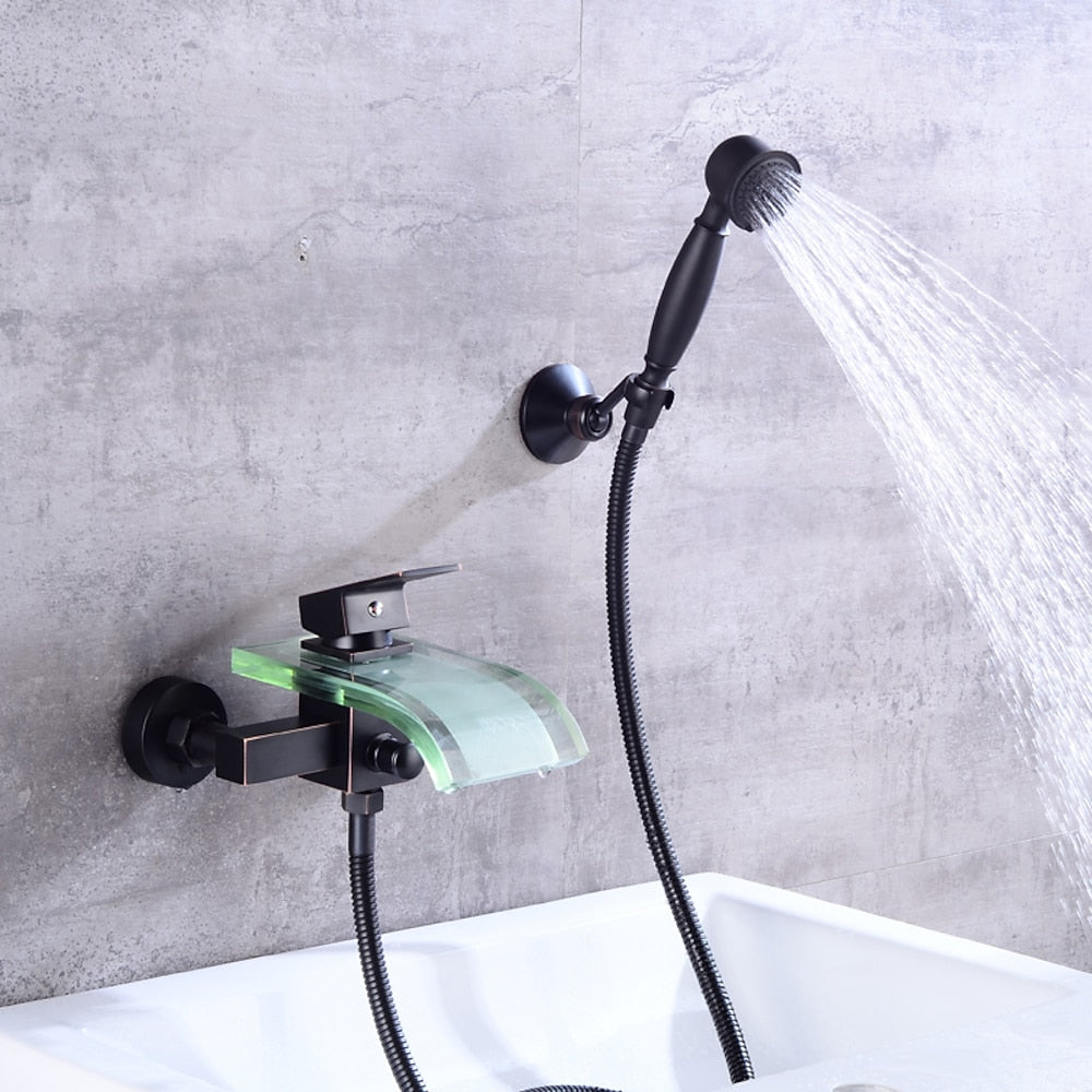 Waterfall Modern Wall-Mount Bathtub Faucet, Single-Handle Tub Filler Faucet with Handheld Shower, Oil-Rubbed Bronze / Chrome