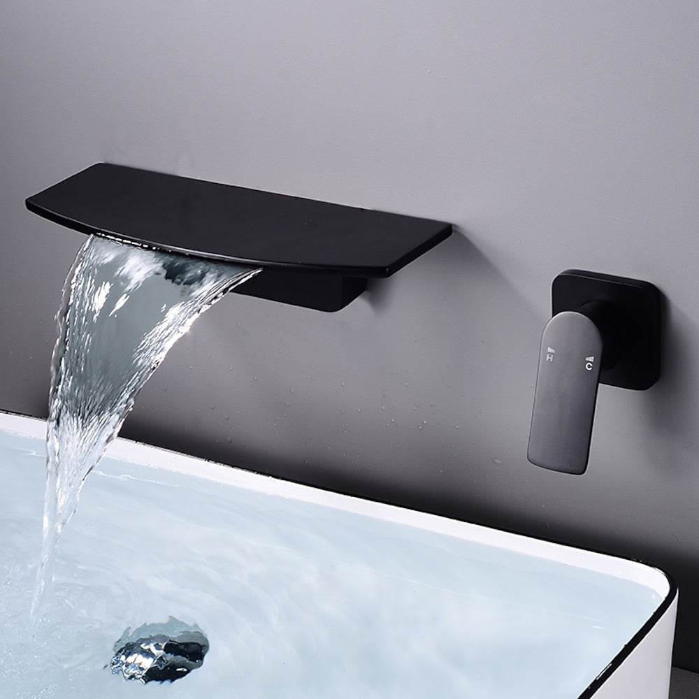 Waterfall Wall-Mount Bathroom Faucet, Single-Handle Brass Sink Faucet, Matte Black / Matte White
