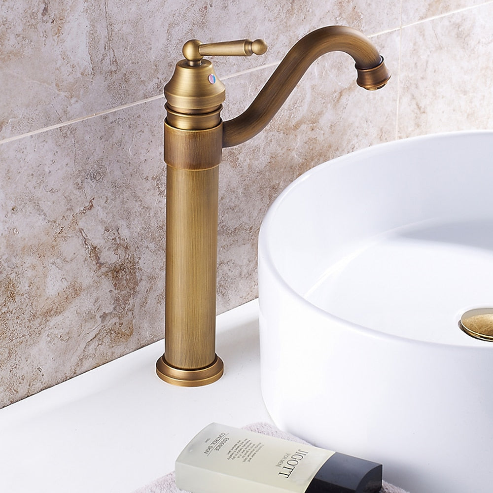 Rotatable High-Arc Vessel Sink Faucet, Single-Handle Vintage Brass Faucet, Antique Brass / Matte Black