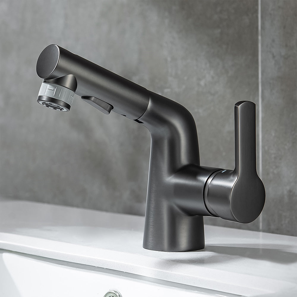Modern Pull-Out Bathroom Sink Faucet, Single-Handle Swivel Spout Faucet, Brushed Gold / Chrome / Matte Black / Gunmetal
