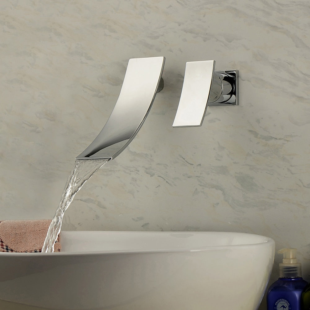 Waterfall Chrome Modern Bathroom Faucet, Wall-Mount Single-Handle Faucet