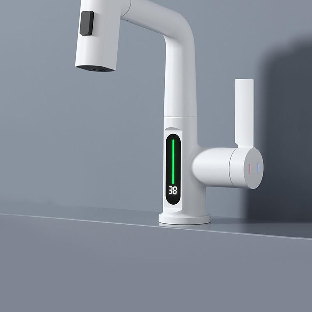LED Digital Display Waterfall Bathroom Faucet, Single-Handle Pull-Out Faucet, Chrome / Gunmetal / Matte Black / Matte White