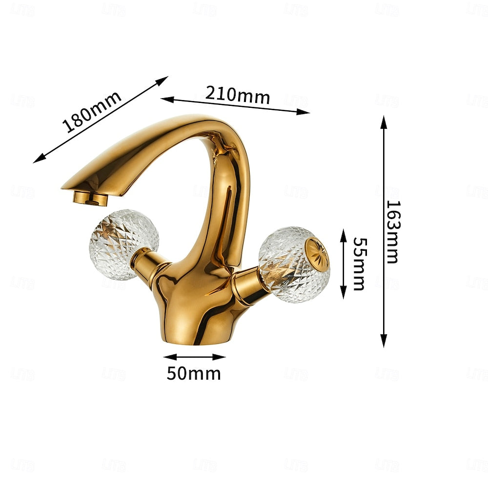 Polished Gold Single-Hole Bathroom Faucet, Dual Crystal Knob Handles Brass Faucet
