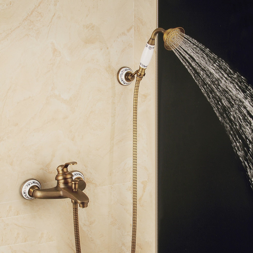 Vintage Wall-Mount Tub Faucet, Single-Handle Brass Bath Tub Faucet with Handheld Shower, Antique Brass / Matte Black / Brushed Brass / Copper