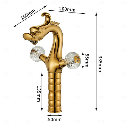Polished Gold Dragon Bathroom Faucet, Single-Hole Double Crystal Knob Handle Faucet