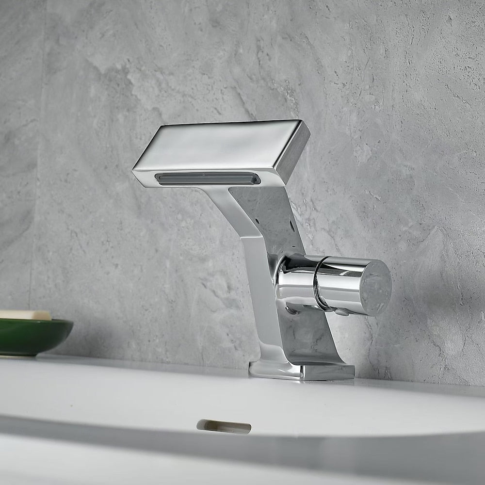 Waterfall Single-Hole Bathroom Faucet, Single-Handle Deck-Mount Faucet, Antique Brass / Brushed Gold / Chrome / Gunmetal / Matte Black / Matte White